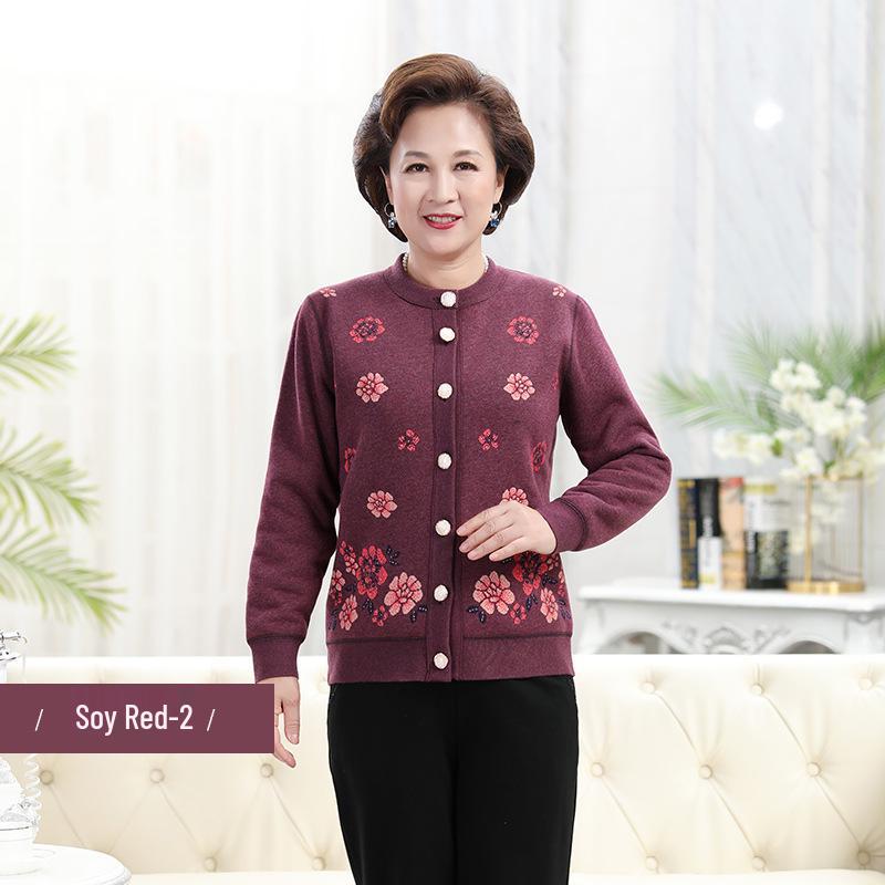 2021 New Lamb Wool Plus Velvet Cardigan: Warm Print Top for Middle-Aged and Elderly