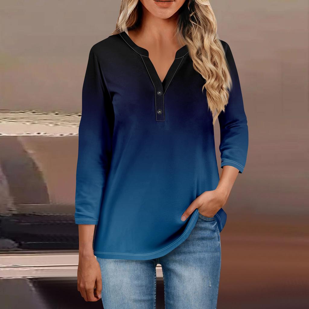 Women's Button Neck Tops Women's Casual Everyday Tops 3/4 Sleeve V Neck Fashion Print Shirt Tops Pocket Tee Sweatshirts