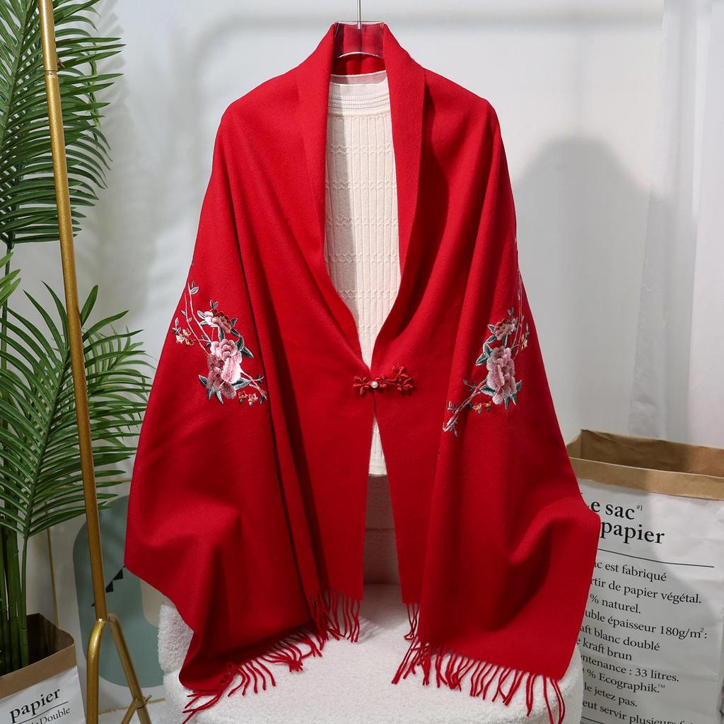 Fular din Lână Brodat în Stil Chinezesc – Șal Elegant de Iarnă pentru Femei, Față-Verso, Accesoriu Cald și la Modă