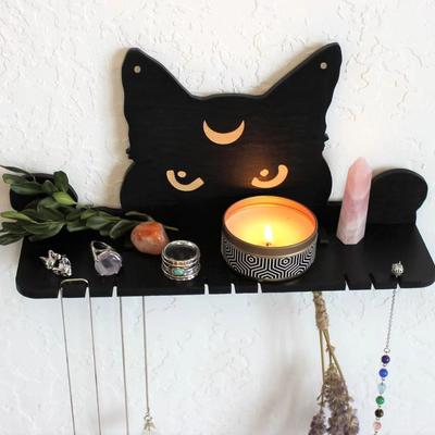 Kristallregal Display Schwarz Niedliche Katze Schweberegale für Halloween Wand Schlafzimmer Deko Ausstellungsregal für Kristalle und Steine Hexische Raumdekoration