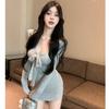 Pure and sweet spicy girl, spring and autumn waist cinché, polka dot bow, strapless tank top, long-sleeve cardigan, short skirt three-piece set