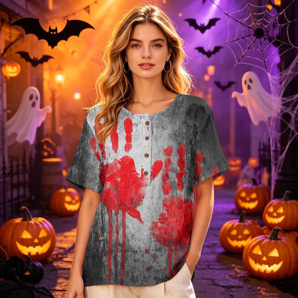 Women's Halloween Print Button Down Short Sleeve Cotton Linen Shirt with Chest Pocket