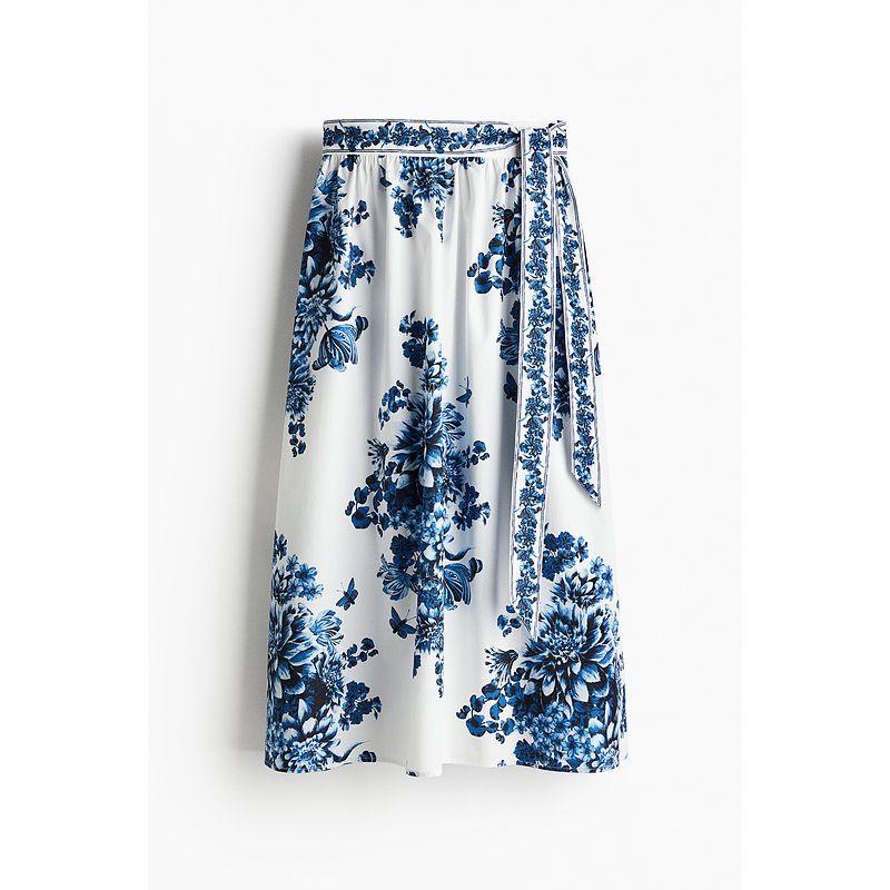 

Женская юбка HM 2025 Осень Новое поступление Высокая талия Принт Элегантность Дизайн со шнуровкой Поплиновая А-силуэтная юбка 1267431 White/Blue Florals 155/60(XXS)
