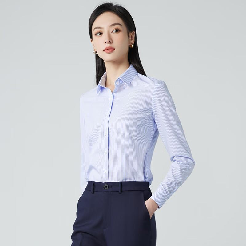 Teluoman Women's Elastic Wrinkle-Free Blue Stripe Office Blouse