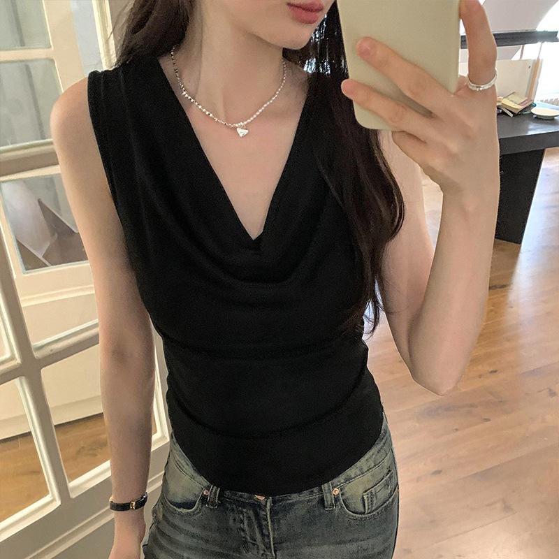 Women Sexy Sleeveless V-neck Undershirt T-shirt Summer New Outerwear Solid Color Short Tops