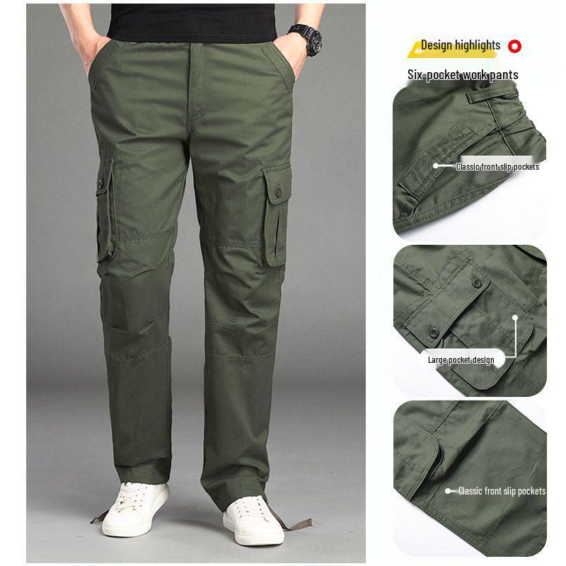 Spring and Autumn Men's Multi-Pocket Casual Pure Cotton Loose Straight-Leg Trousers