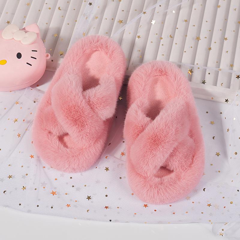 Children's Slippers Girls Open Toe Plush Fur Shoes Kids Soild Warm  Indoor Non Slip Rubber BottomMulti-style Cotton Slipper