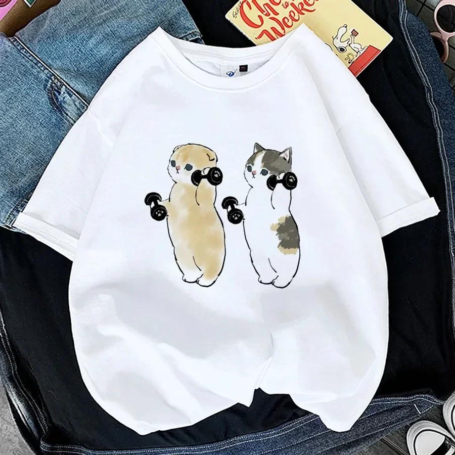 Kawaii Cat WoPrint T-shirt Girl Animal Y2K Fashion 90S Harajuku Print Tops Tee Gril Black White Summer Clothes Tshirts