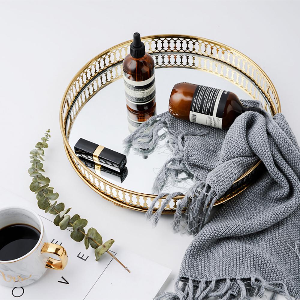 

Vintage Round Metal Tray, Mirrored Glass Serving Tray, Decorative Centerpiece Tray for Dining Table, Coffee Table Decor, 12.6 In золотий