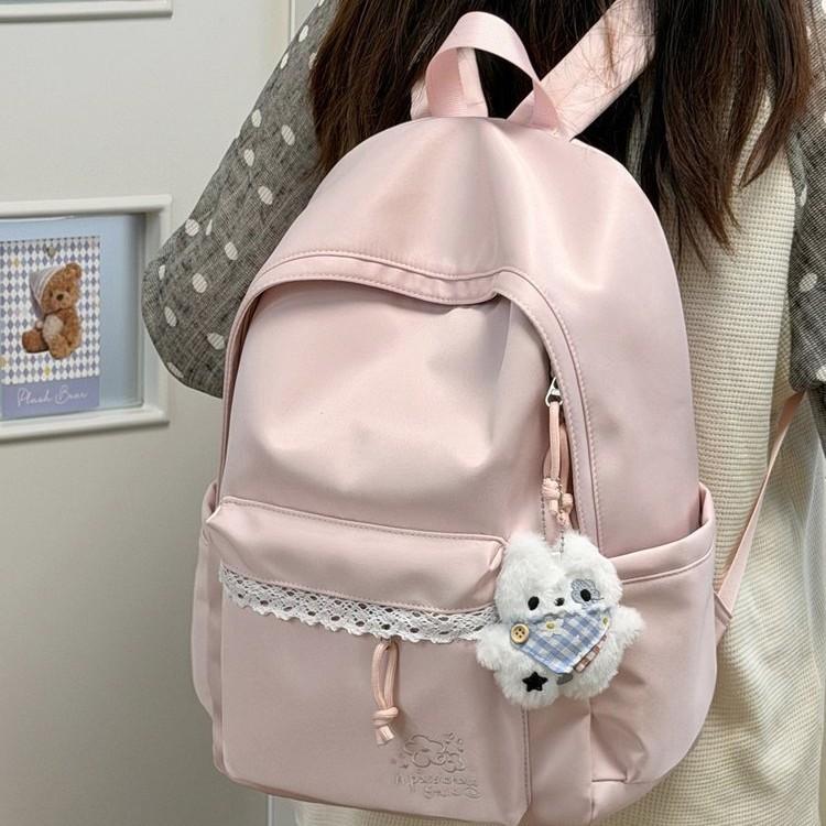 Schoolbag Korean version simple solid color backpack bag female niche design sweet lace large capacity versatile student schoolbag