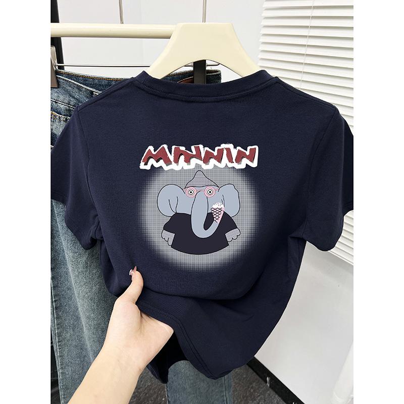 

2024 Women s Navy Blue Cartoon Print Round Neck Short Sleeve T-Shirt Large