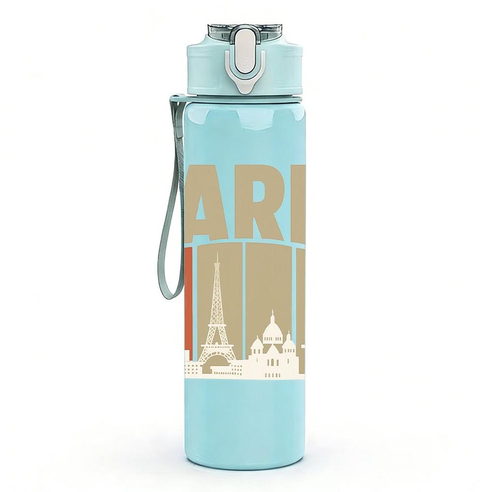 1PC Paris City Building Letter Art 750ml Color Plastic Sports Water Bottle Leakproof Flip Straw Lid Suitable for Sports Office Home Use