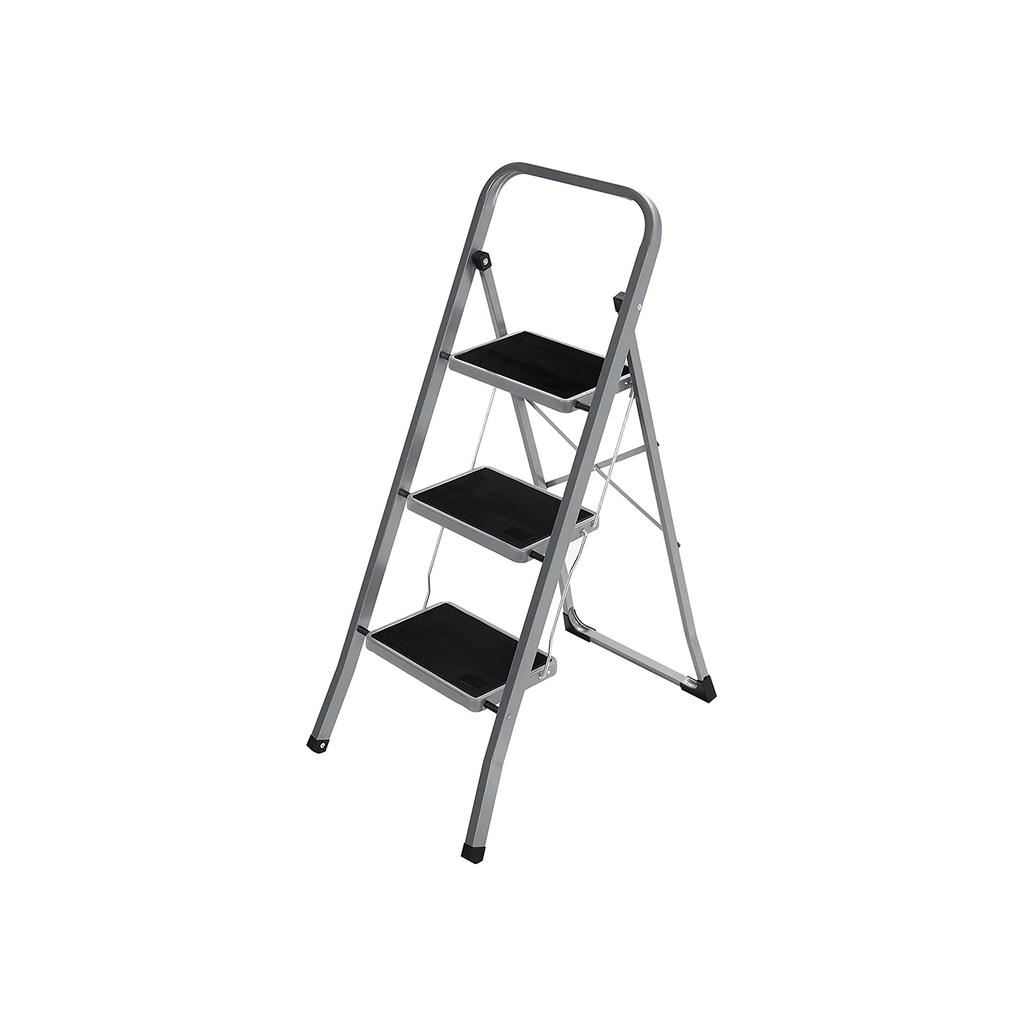 SONGMICS 3-Step Ladder, Folding Ladder, 20 cm Wide Steps Covered with Non-Slip Rubber, Rubber Feet, Handrail, Max. Static Load 150 kg, Steel