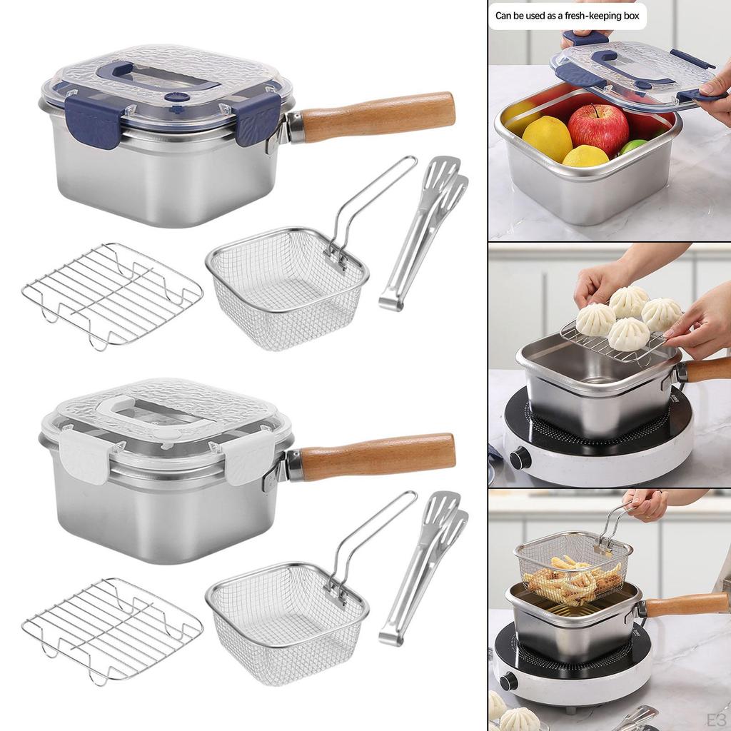 Mini Deep Fryer Pot Food Storage Containers Multifunctional Frying Pan with Basket Square Cooking