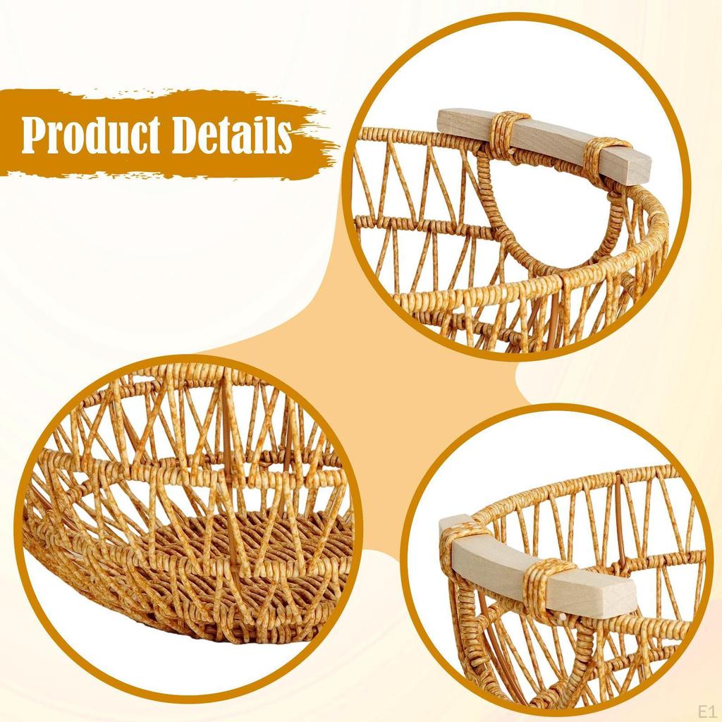 Woven Round Fruit Basket Bowl Display Dish Organizer Imitation Rattan Food Serving Tray for