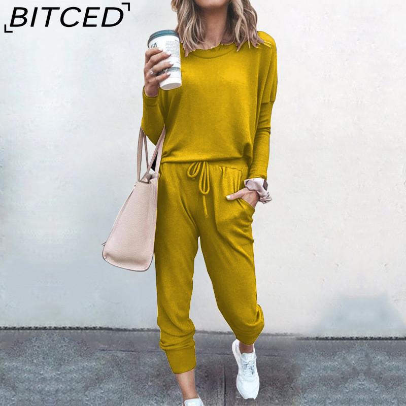 BITCED Spring and Autumn Women's Loose Solid Colour Long Sleeve Long Pants Casual Suit