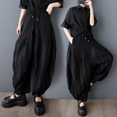 DIMANAF Summer Plus Size Women Casual Wide Leg Pants High Waist Basic Elastic Black Pants Stripe Loose Vintage Harem Pants