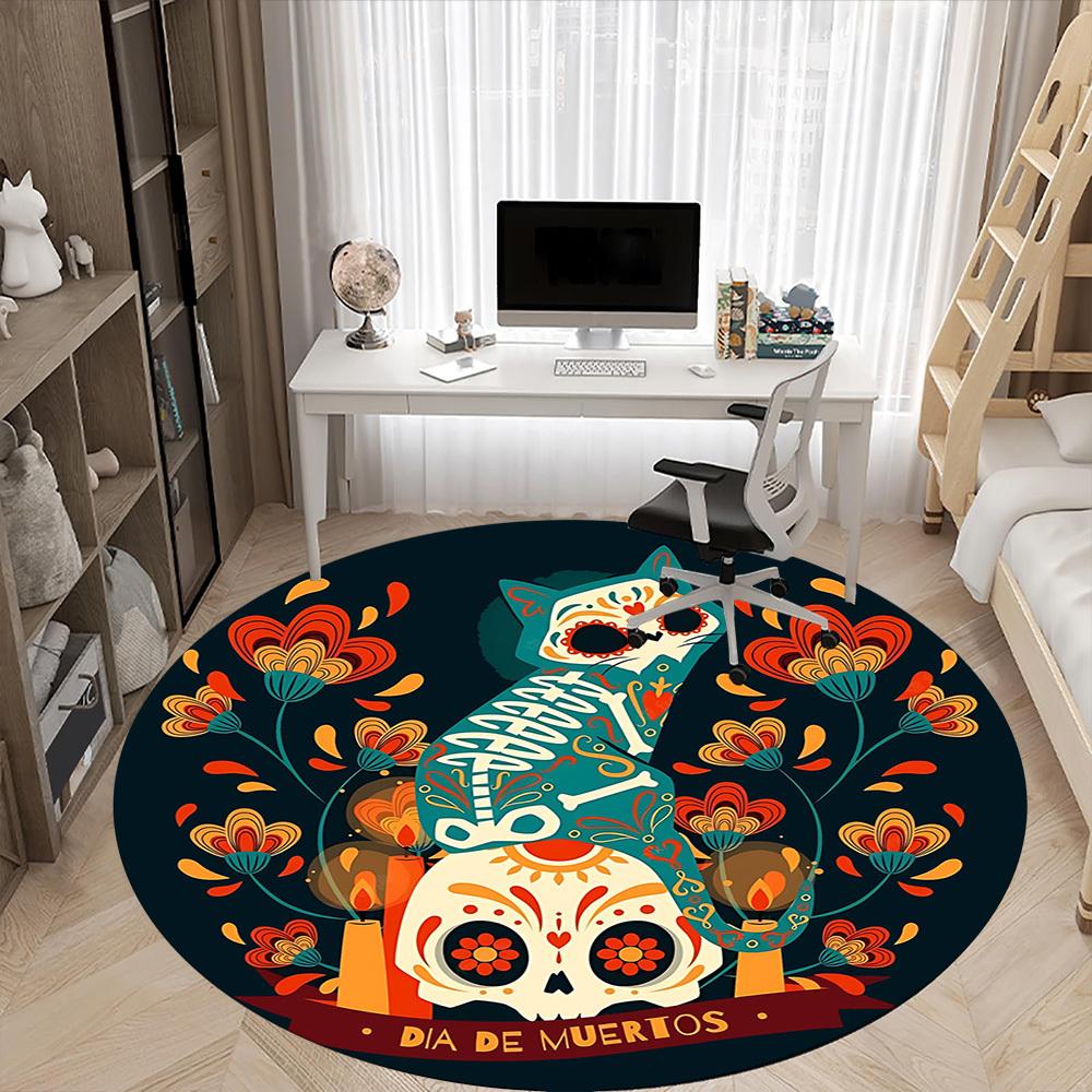 1pc Dia De Muertos, Cat Sugar Skull Office Round Area Rug,  Mat Suitable For Office, Under Office Chairs Bedroom Living Room Home Decor, Room Deco