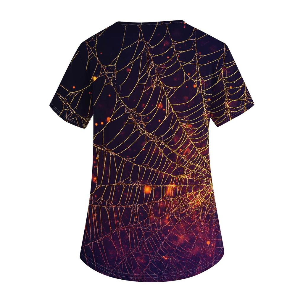 Women's Fashion V-neck Short-sleeved Work Uniform With Pockets, Halloween Print Top