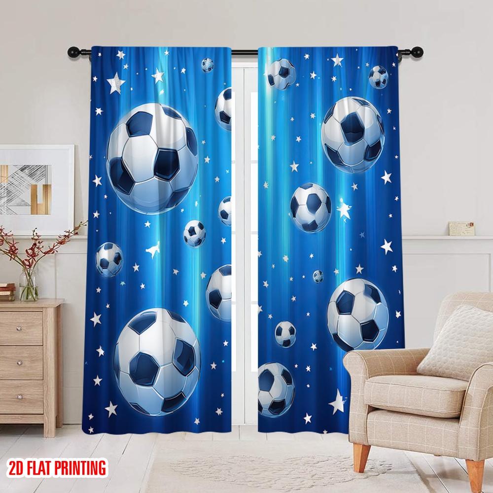 Flat Printing Curtains Soccer Stars Blue Fabric Without Electricity Holiday Decorations Use Door Wall Yard Curtain Set Of 2 Made Polyester Washable