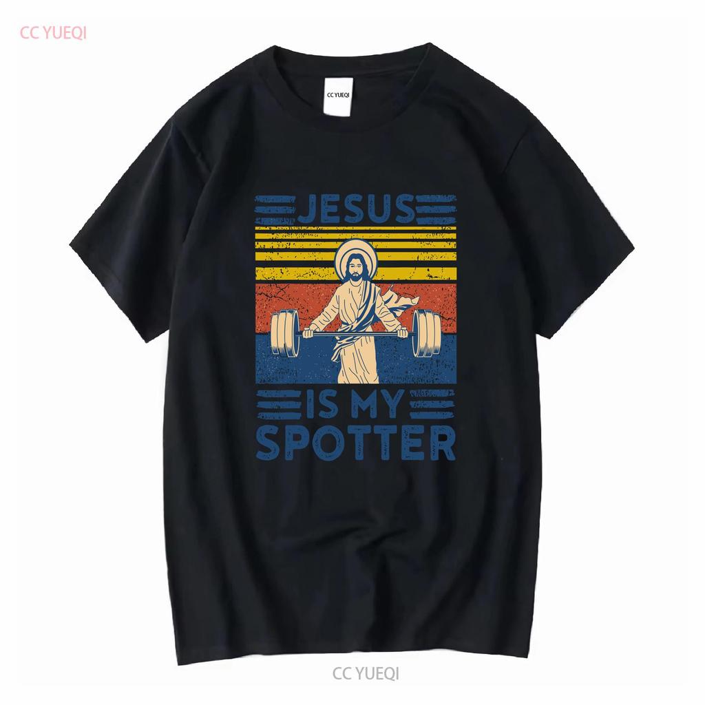 Seltenes Neues Lustiges Fitness T-Shirt Jesus Ist Mein Spotter Workout Vintage Gewaschen Mode Atmungsaktiv Lässig Weich Designer Kleidung