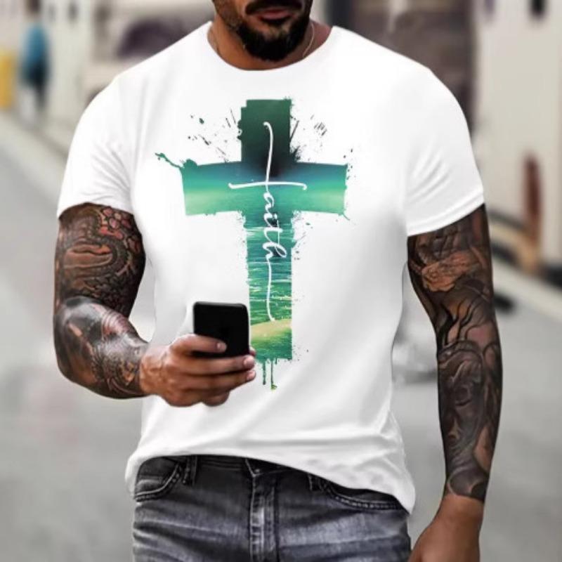 Camiseta Minimalista de Cruz de Fe para Hombre Manga Corta Casual para el Uso Diario