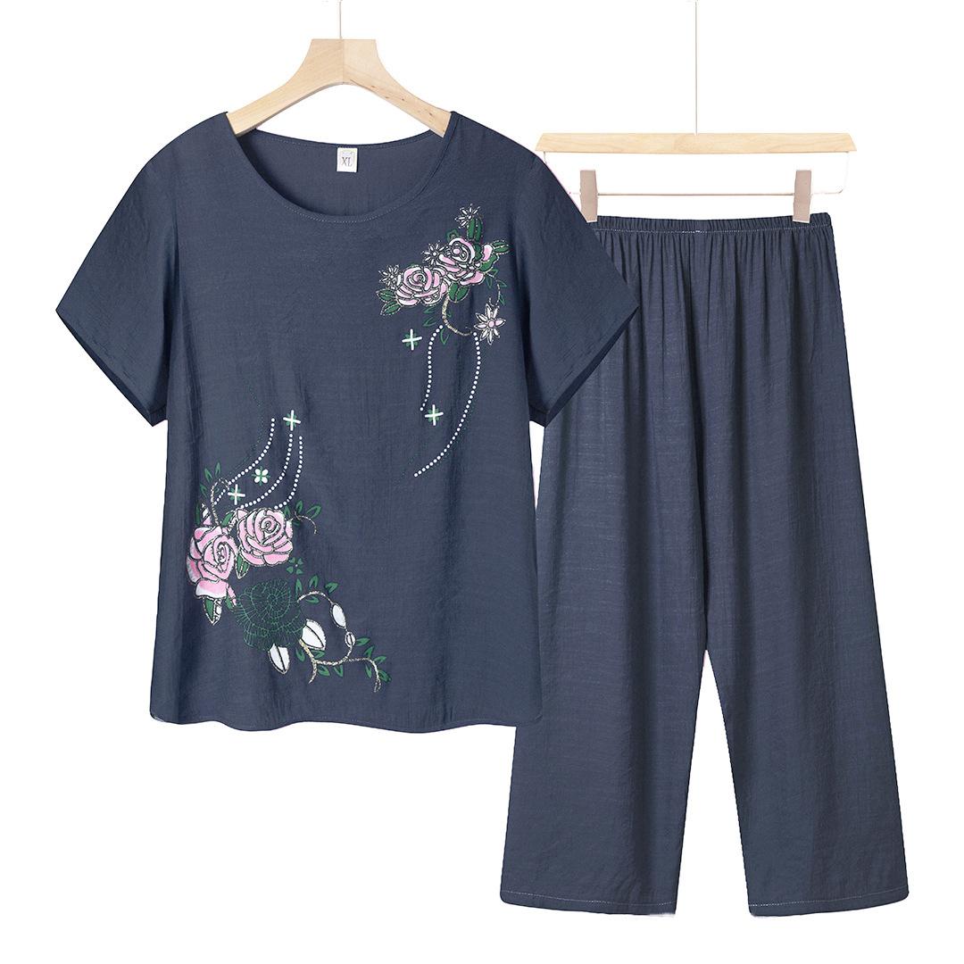 

Pajamas Set Sleepwear Women Print Flower Pyjamas Summer Loose Nightwear M темно-синього кольору