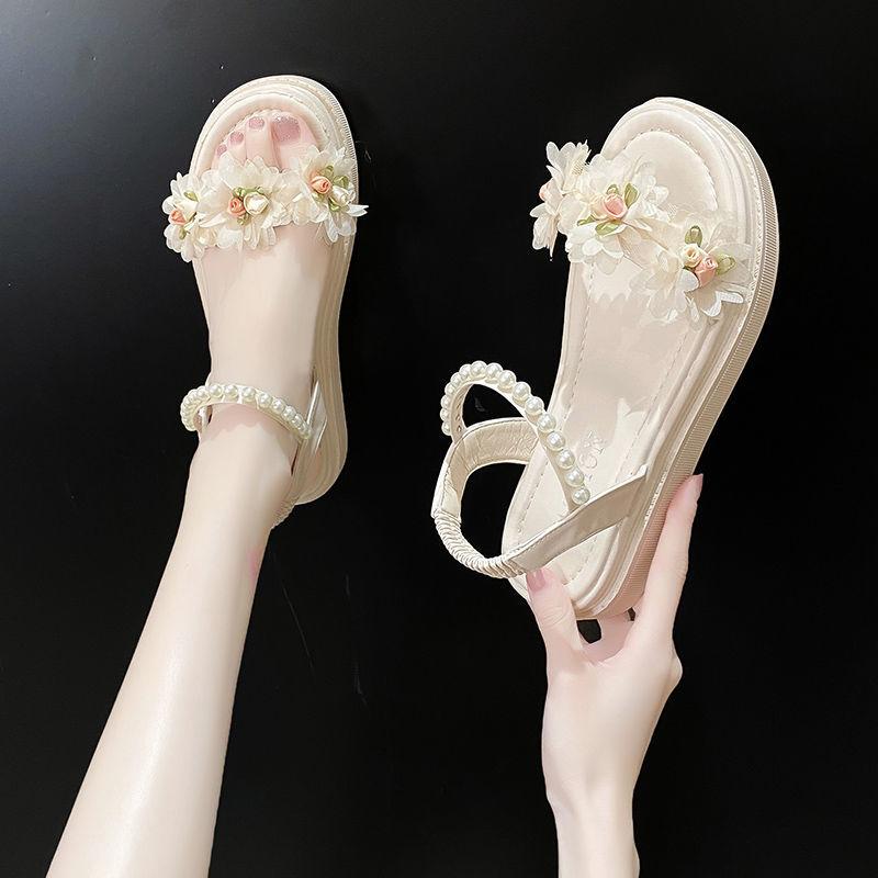 Flower Sandals Female Summer All-match Thick Bottom Korean System Slope with Flat Bottom Roman Shoes