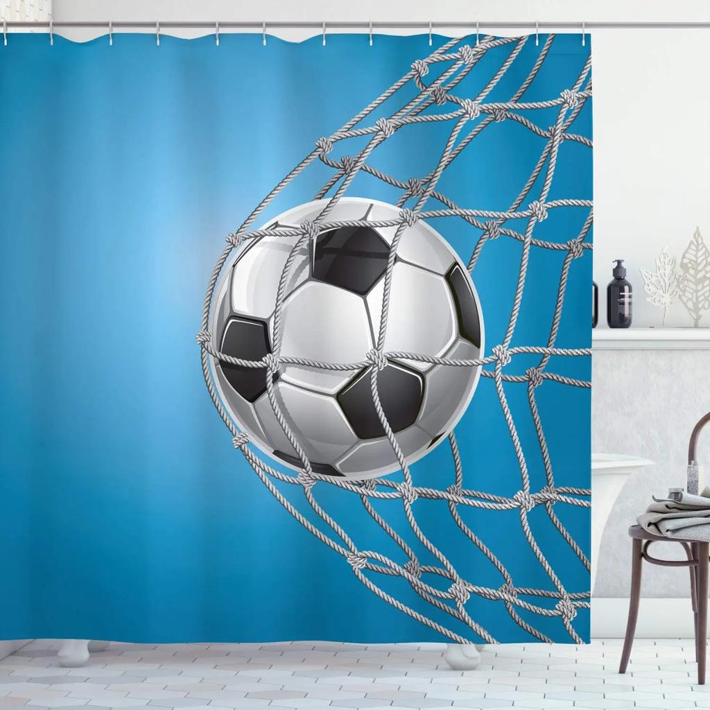 Abstract Football Pattern Shower Curtain Sport Theme Soccer Black and White Colors Waterproof Polyester Bath Curtain with Hooks