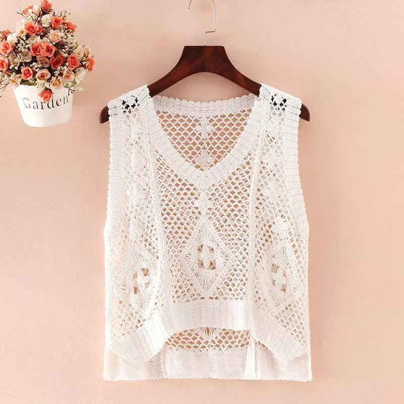 Топ-комбинезон для женщин, вязаный крючком короткий безрукавный жилет, свободный трикотажный жилет с вырезами, летний жилет S