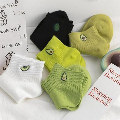 Women Solid Avocado Embroidery Socks Casual Joker Cotton Short Socks For Ladies Concise College Style Breathable Sox Trendy