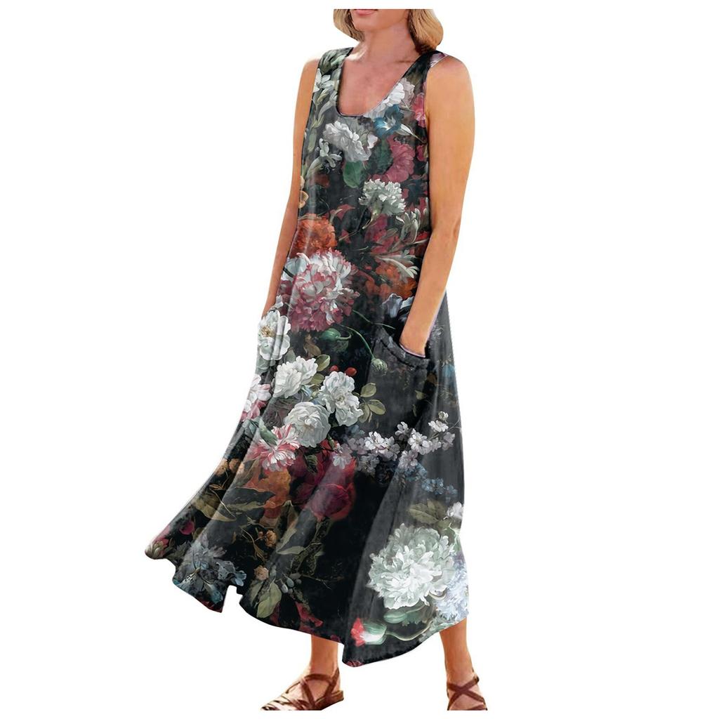 Summer Dress For Women Casual Printed Comfortable Sleeveless Cotton Dress With Pocket