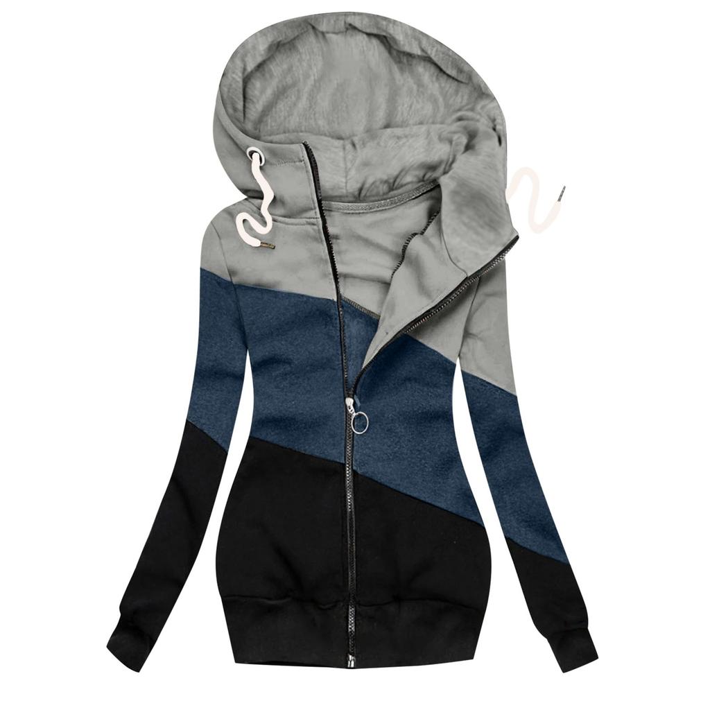 Women Winter Casual Stitching Color Jacket Zipper Sweatshirt Long Sleeve Coat