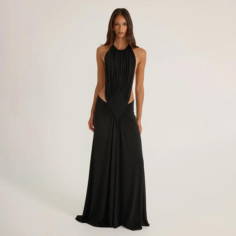 European and American summer new women s clothing sexy slim-fitting sleeveless round neck pleated neck strap big halter dress S