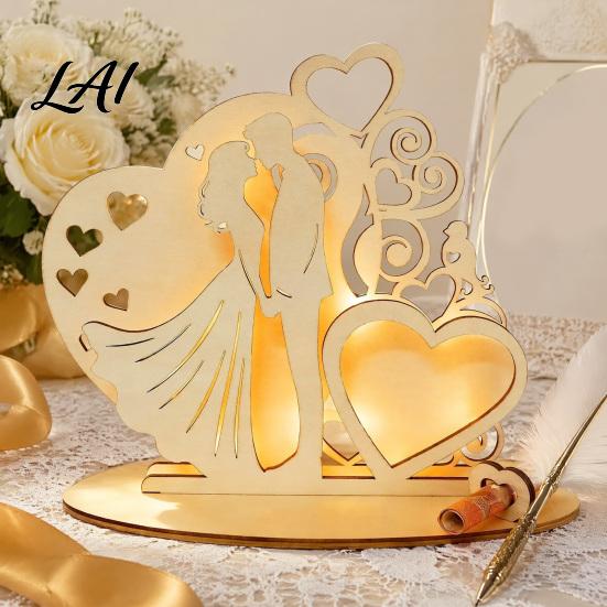 Wooden Ornament for Wedding Couple Ornaments with LED Lights Romantic Statue Heart Handcrafted Light Design Warm Glow Tabletop Night & Bedroom