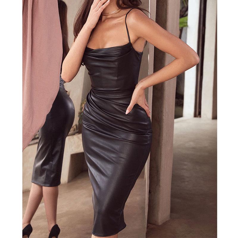 European & American Nightclub Sexy PU Leather Bodycon Dress - Little Black Dress with Ruched Spaghetti Straps