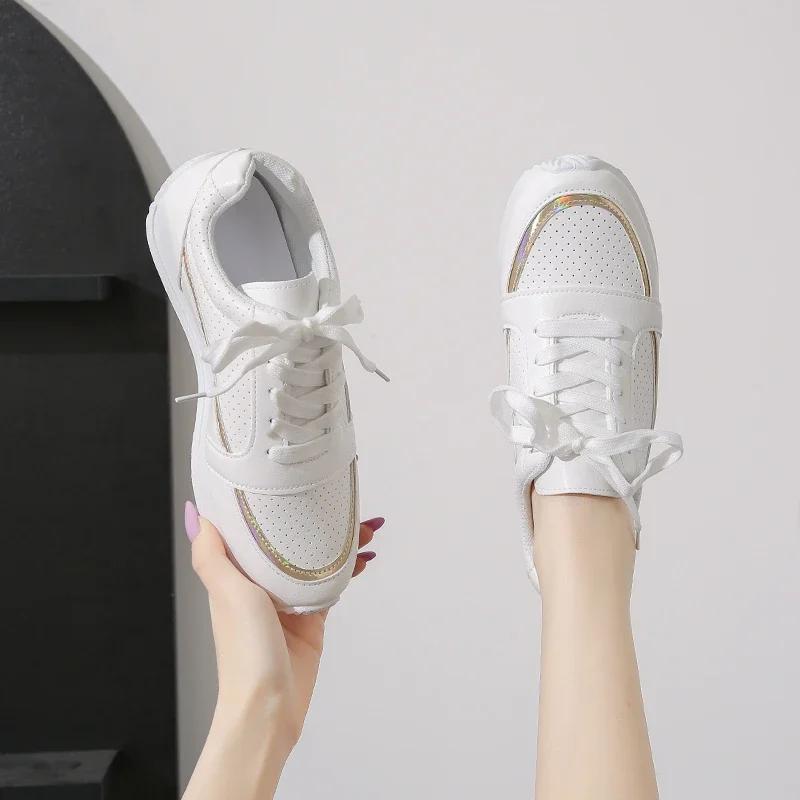 Women Sneakers Fashion Breathble Vulcanized Shoes Pu Leather Platform Shoes White Lace Up Casual Shoes