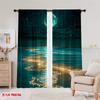 2PC Cosmic Beach Curtains - Teal Starry Night & Planet Print Window Drapes for Bedroom Living Room Decor