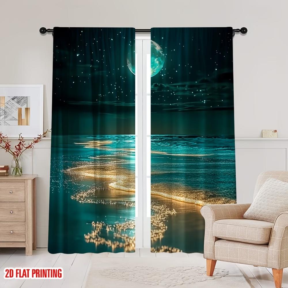 2PC Cosmic Beach Curtains - Teal Starry Night & Planet Print Window Drapes for Bedroom Living Room Decor