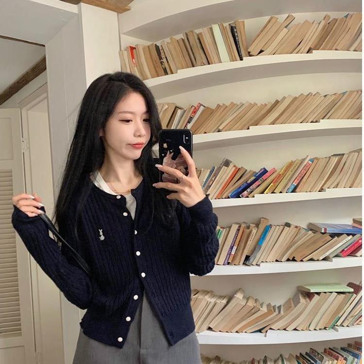 Early Autumn Women's V-Neck Knit Cardigan - College Style, Short, Embroidered, High-Waisted Korean Fashion Sweater