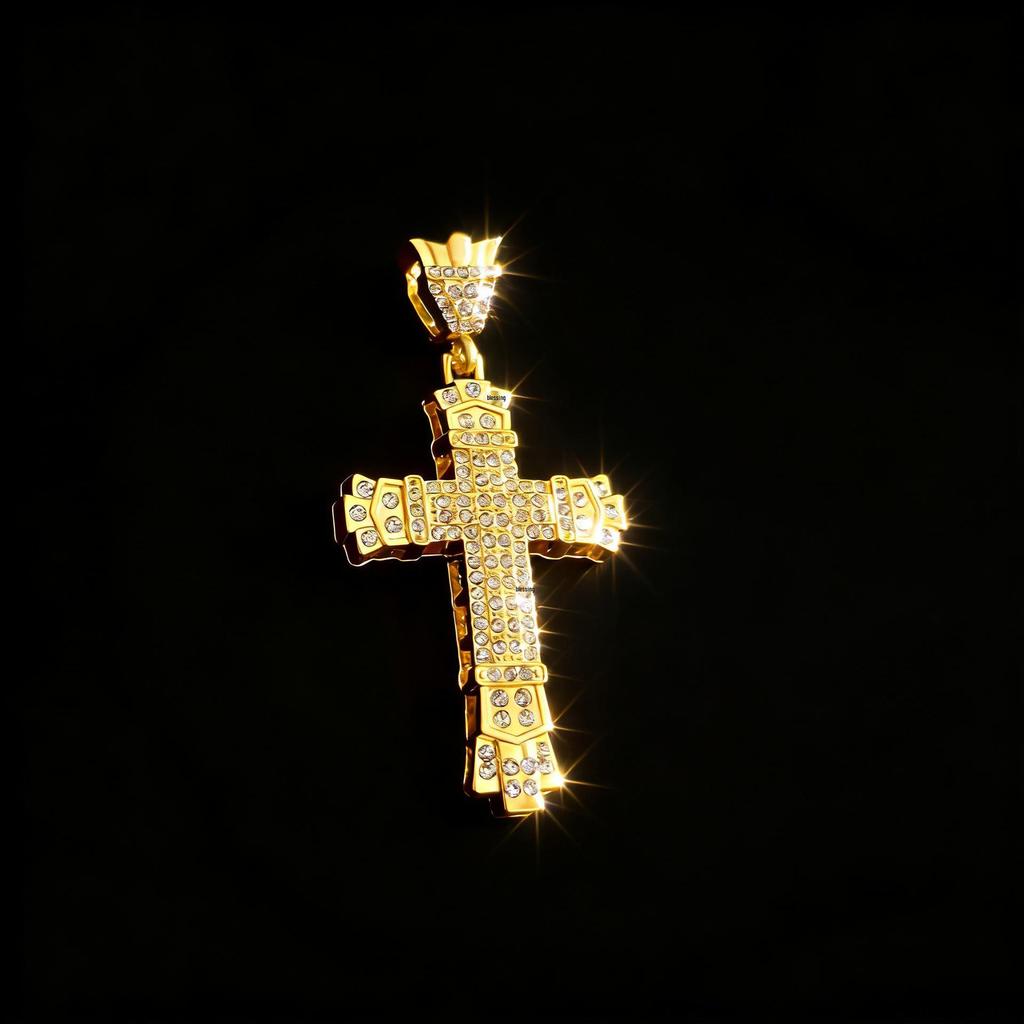 Men's Gold-Plated Retro Cross Pendant Hip-Hop Necklace with Full Diamond Encrustation