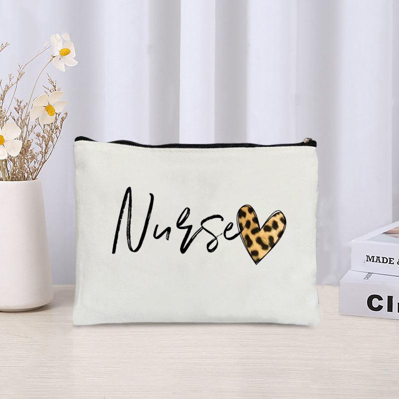 Nurse Life Love Leopard Printed Canvas Cosmetic Bag Travel Sundries Zipper Storage Pouch Office Supplies Pencil Case Nurse Gift