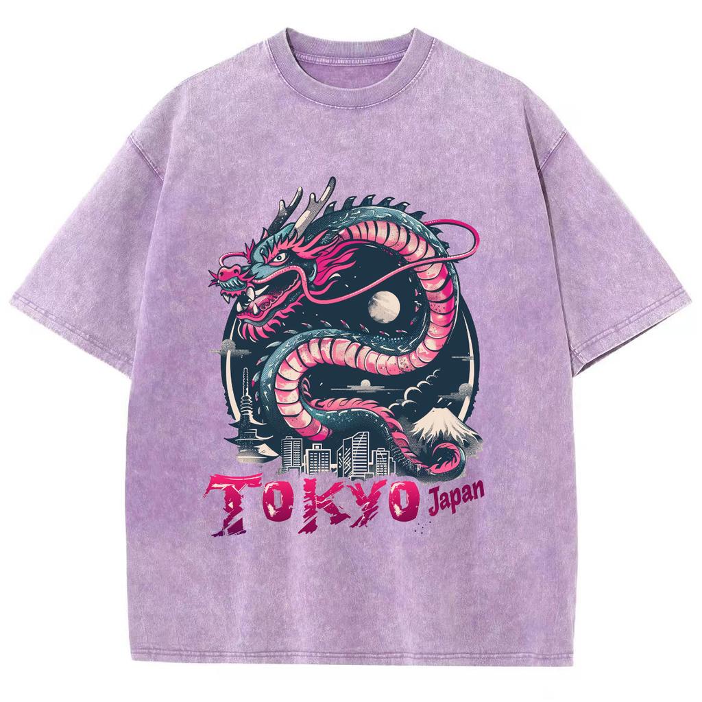 Japanische Cartoon Drache Tokio Buchstaben Print Damen T-Shirt Übergroß Gewaschene Baumwolle Halbarm Lockeres Design Street Top