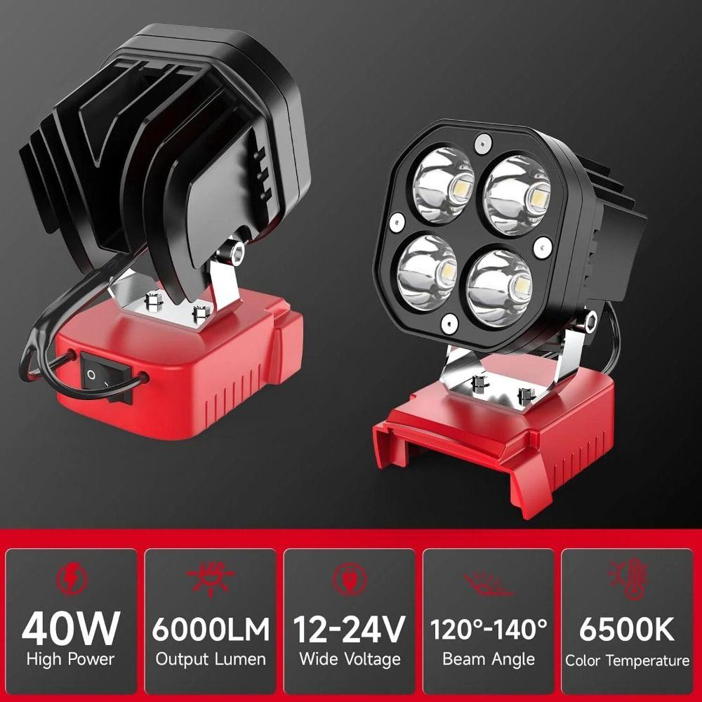Portable 40W LED Work Light 6000LM 12-24V Battery Spotlight 6500K Job Site Lighting for Milwaukee M18 Construction