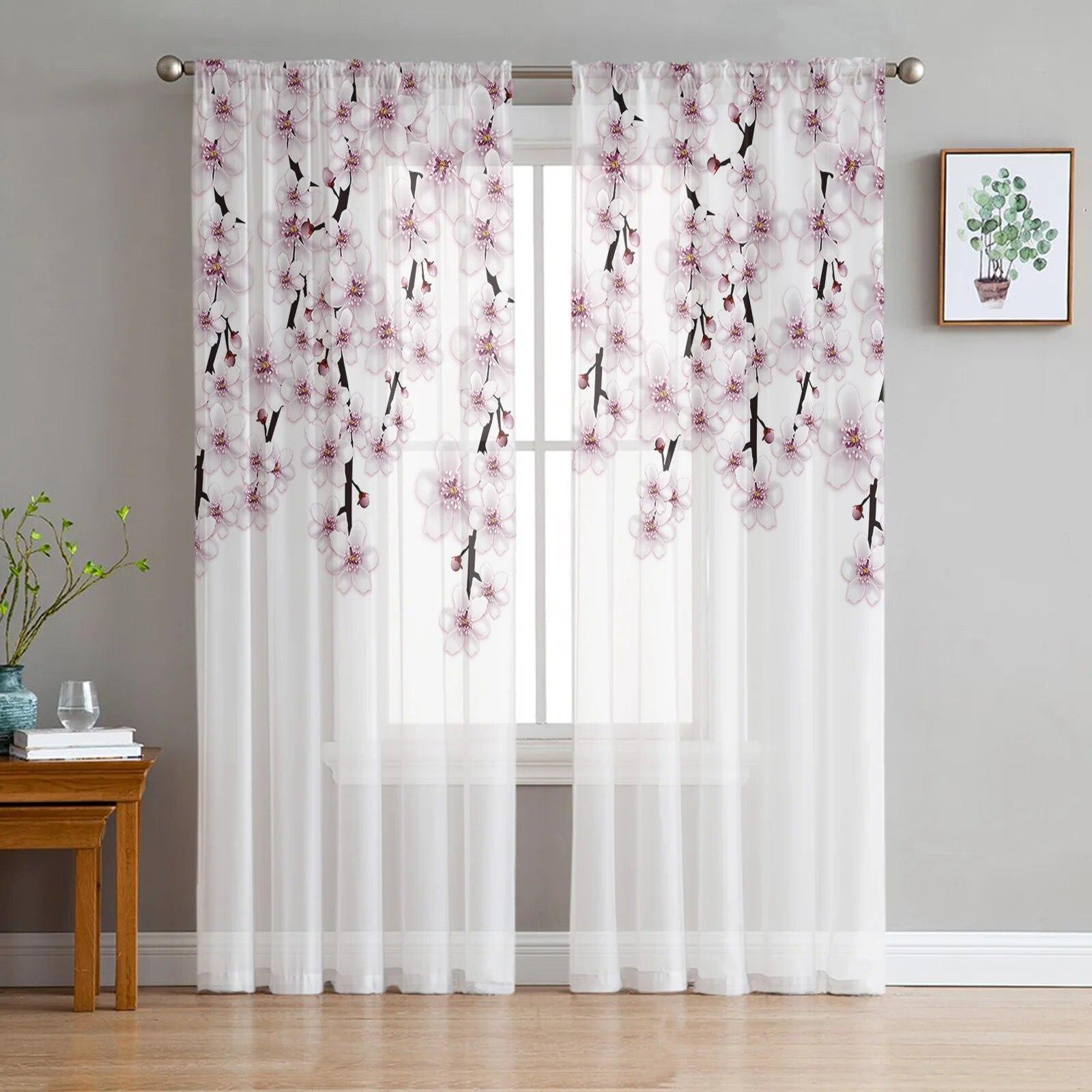 Roze Bloem Kersenbloesems Witte Tule Transparante Raamgordijnen voor Woonkamer Keuken Kinderkamer Voile Hangend Gordijn W135 x H213cm