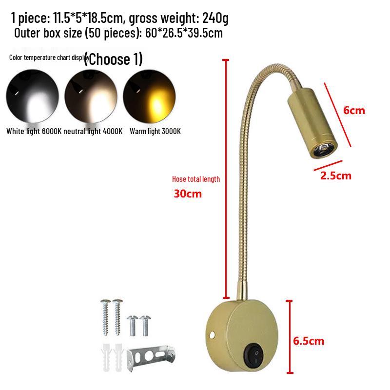 3W LED Gooseneck Reading Lamp, Wall-Mounted Bedside Spotlight