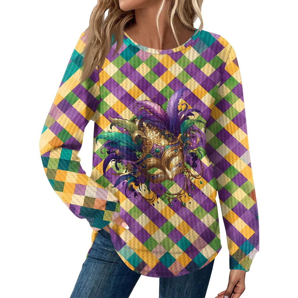 Damenmode Locker Langarm Karnevals-Print Rundhals Casual Oberteil