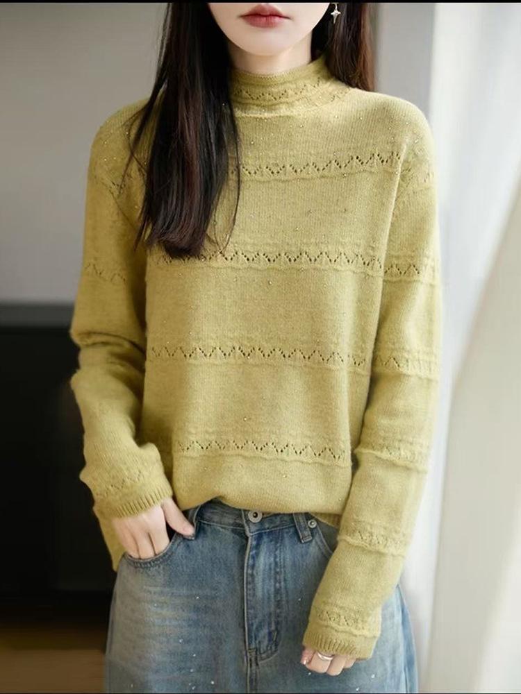 Women's Rhinestone Hollow Crochet Half-High Collar Sweater - Autumn/Winter Knitwear Top