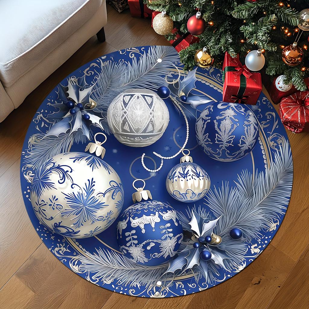 Christmas Blue Pine Berry Snowflake Pattern Round Shape Floor Mats Kitchen Hallway Runner Rug Bedroom Living Room Soft Carpet Non-slip Area Rug