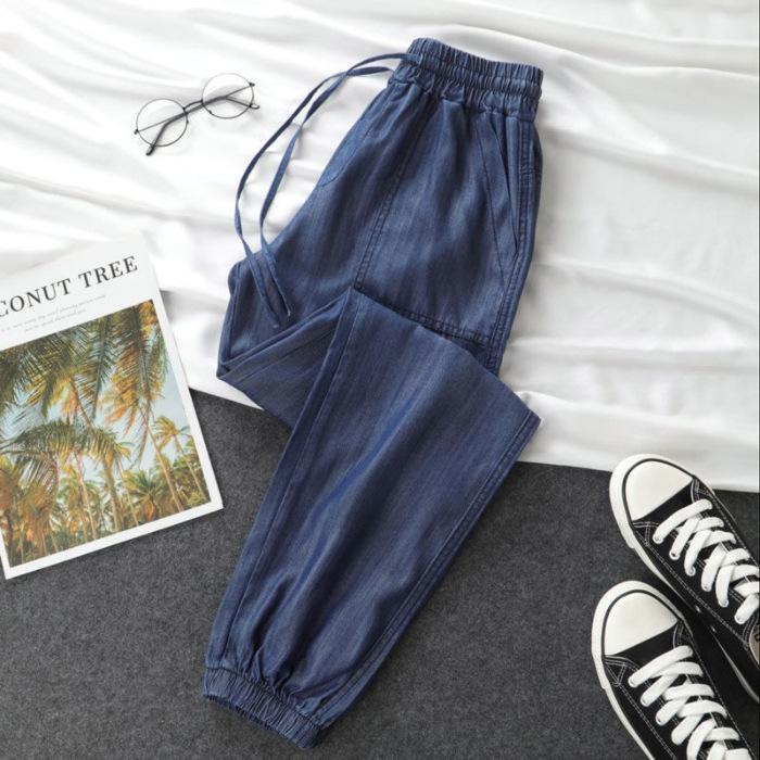 Summer Thin Ice Silk Jeans Women Elastic High Waist Drawstring Harem Pants Loose All-matched Beam Leg Nine Points Denim Pants